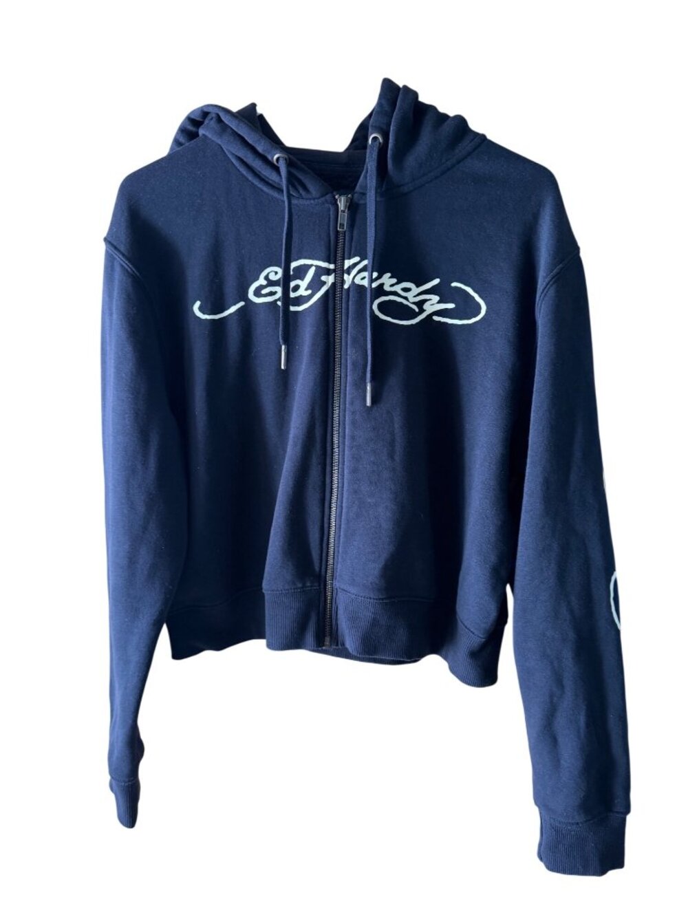 Ed Hardy Womens Zip-Up Cropped Hoodie Size Large Black Graphic Drawstring Y2k